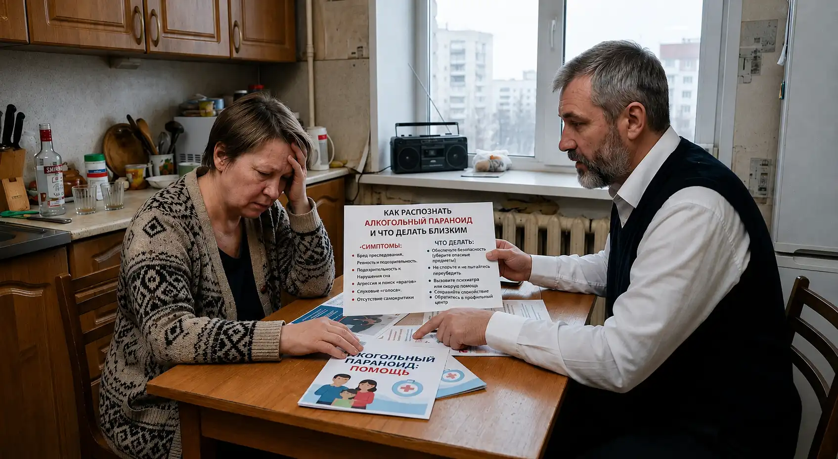 Близкие обсуждают симптомы алкогольного параноида на кухне