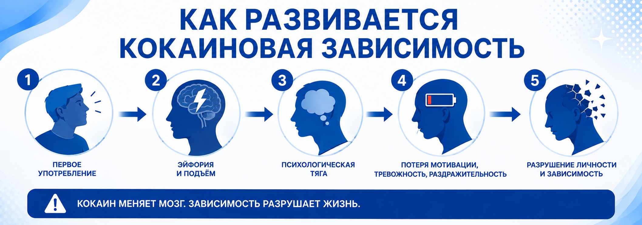 Инфографика о развитии кокаиновой зависимости: этапы от первого употребления и эйфории до психологической тяги, потери мотивации, тревожности, раздражительности и разрушения личности.