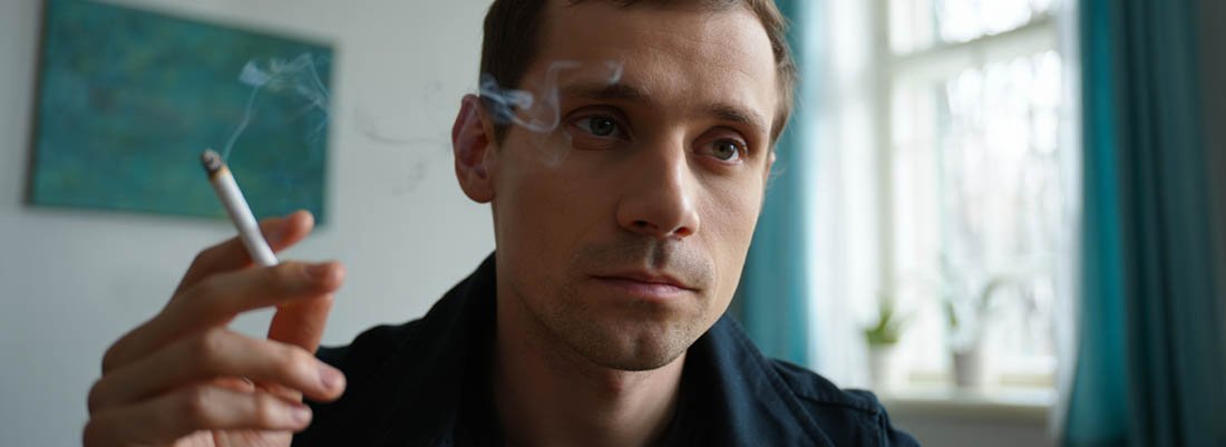 Курение Мужчина курит сигарету