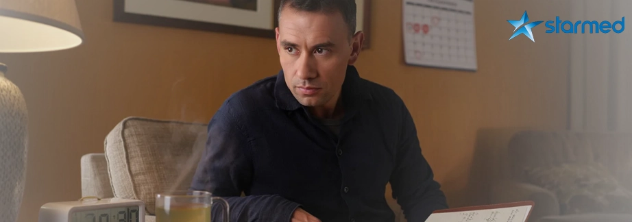 Мужчина пьет чай и читает книгу